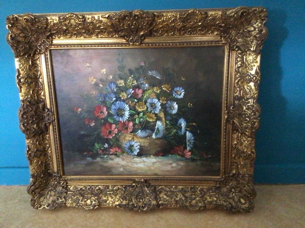 Mooi olieverf schilderij op doek, Antiquités & Art, Peinture à l'huile, Enlèvement, Fleurs, Cadre spécial