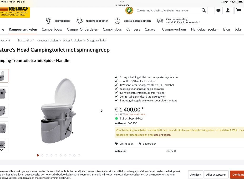 Droogtoilet, Caravans en Kamperen, Ophalen, Zo goed als nieuw