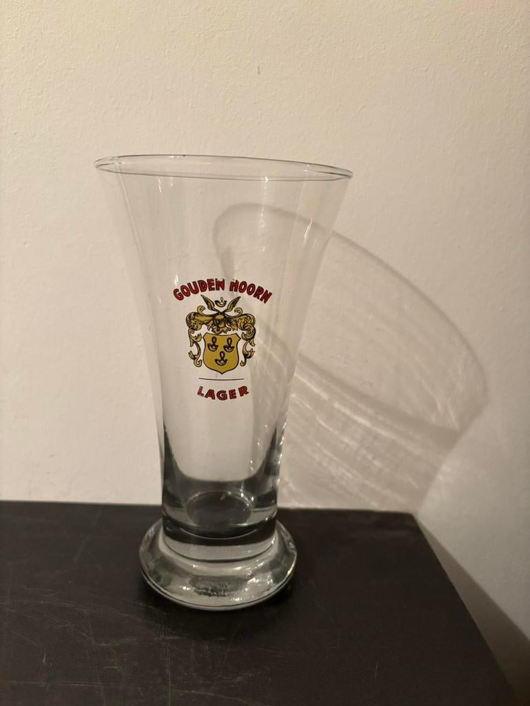 Ancien verre à bière décalqué Golden Horn Lager Ninove, Enlèvement ou Envoi, Comme neuf, Verre ou Verres, Autres marques