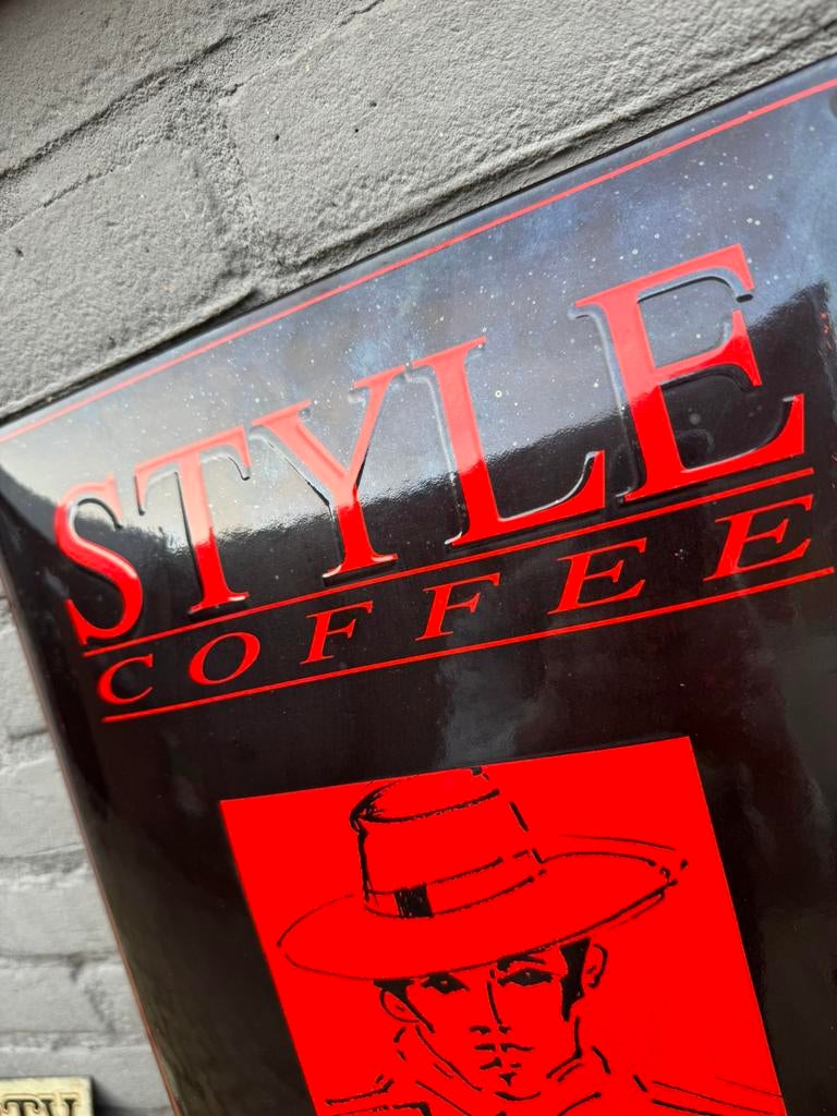 Style koffie emaille reclamebord, Ophalen of Verzenden, Gebruikt, Reclamebord