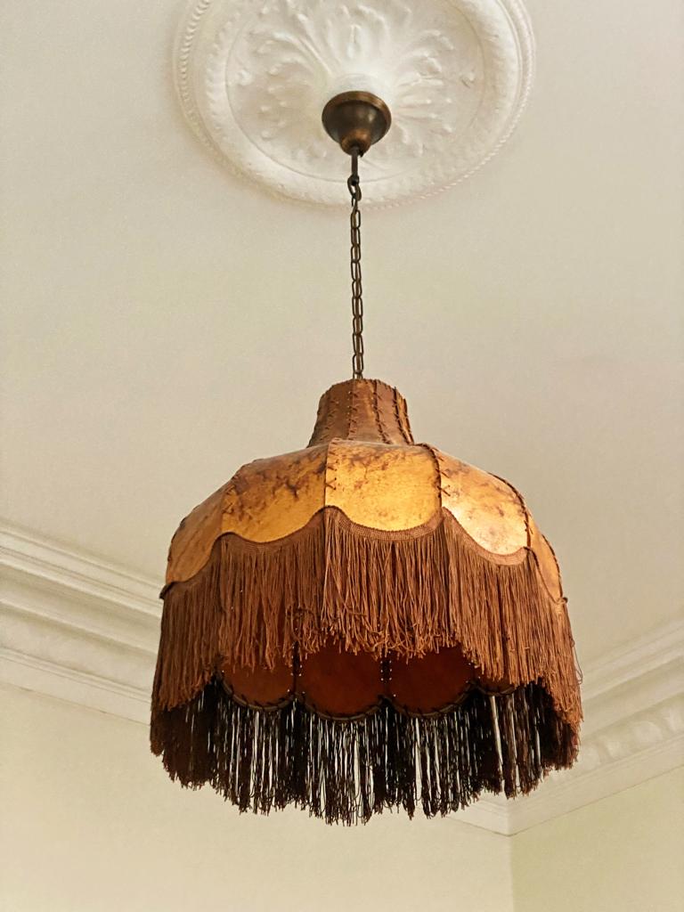 Vintage stijl lederen hanglamp met franjes, Ophalen, Gebruikt
