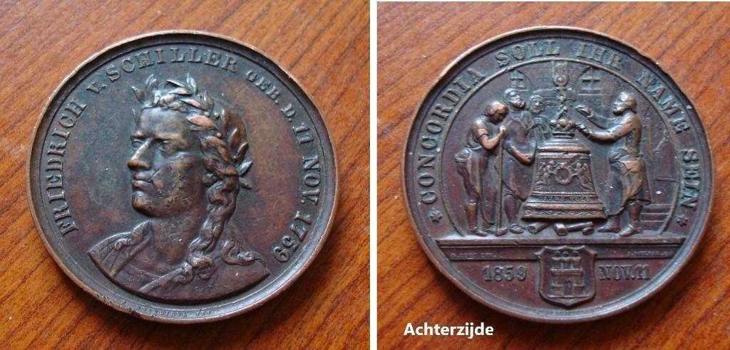 Medaille geboortedag Duitse schrijver F. von Schiller 1859, Verzenden, Brons