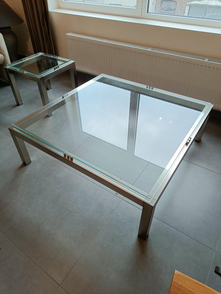 Salontafel en bijzettafel, Gebruikt, Vierkant, Ophalen of Verzenden, Modern rvs