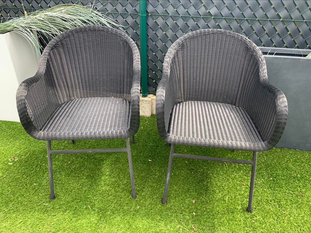 2 zwarte gevlochten tuinstoelen, Tuin en Terras, Ophalen, Gebruikt