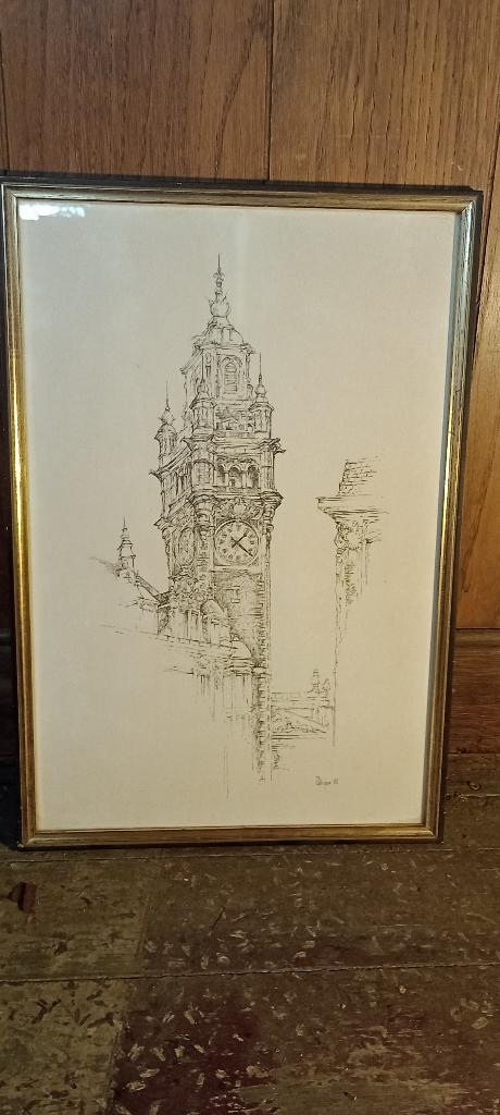 Tekening Belfort van Lille,gesign. PATRIQUE,1980,28x40,n477, Antiek en Kunst, Ophalen of Verzenden
