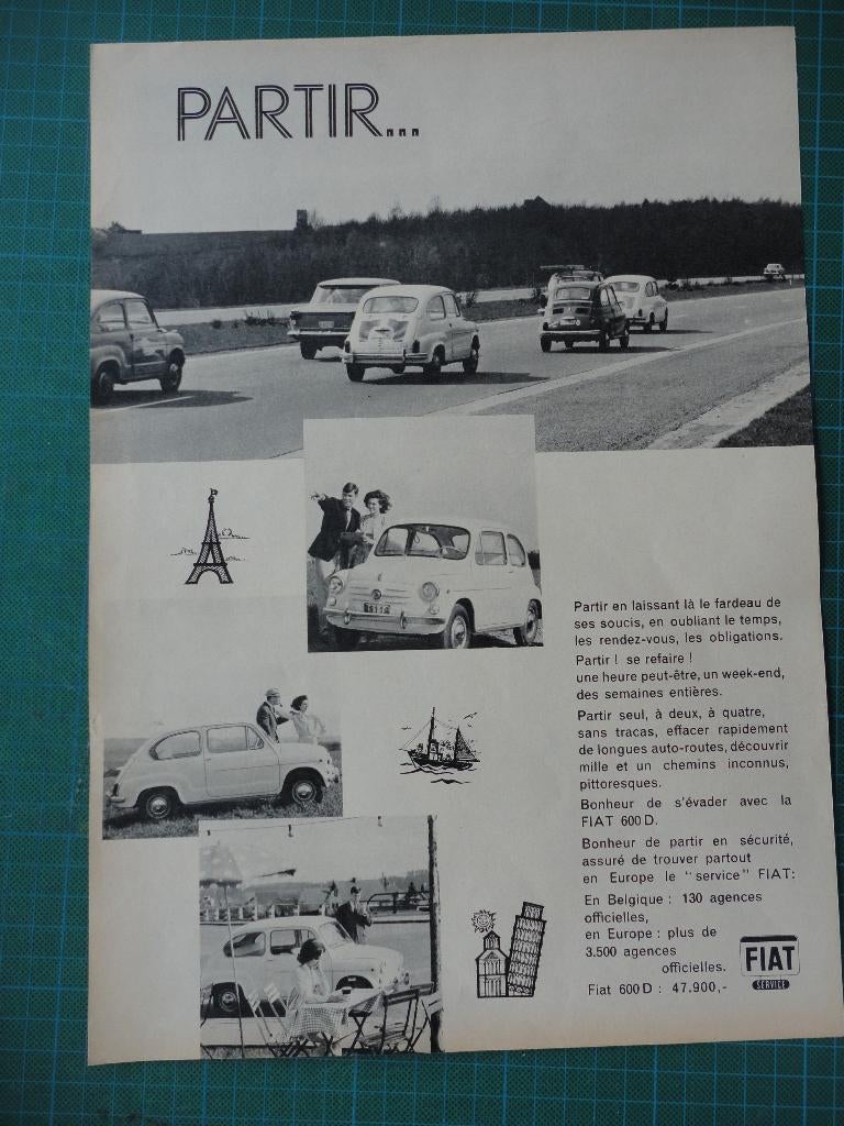 Fiat 600 D - publicité papier - 1965, Ophalen of Verzenden, Gebruikt, Overige typen