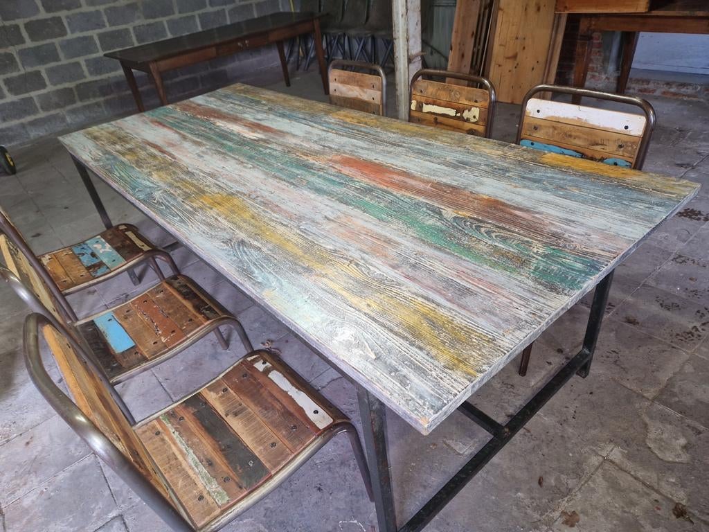 Table à manger industrielle avec chaises, Maison & Meubles, Enlèvement