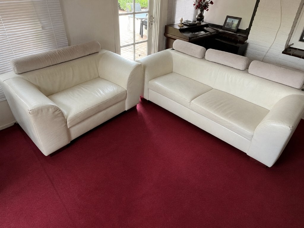 witte leren banken compleet, Ophalen, 150 tot 200 cm, Driepersoons, Zo goed als nieuw
