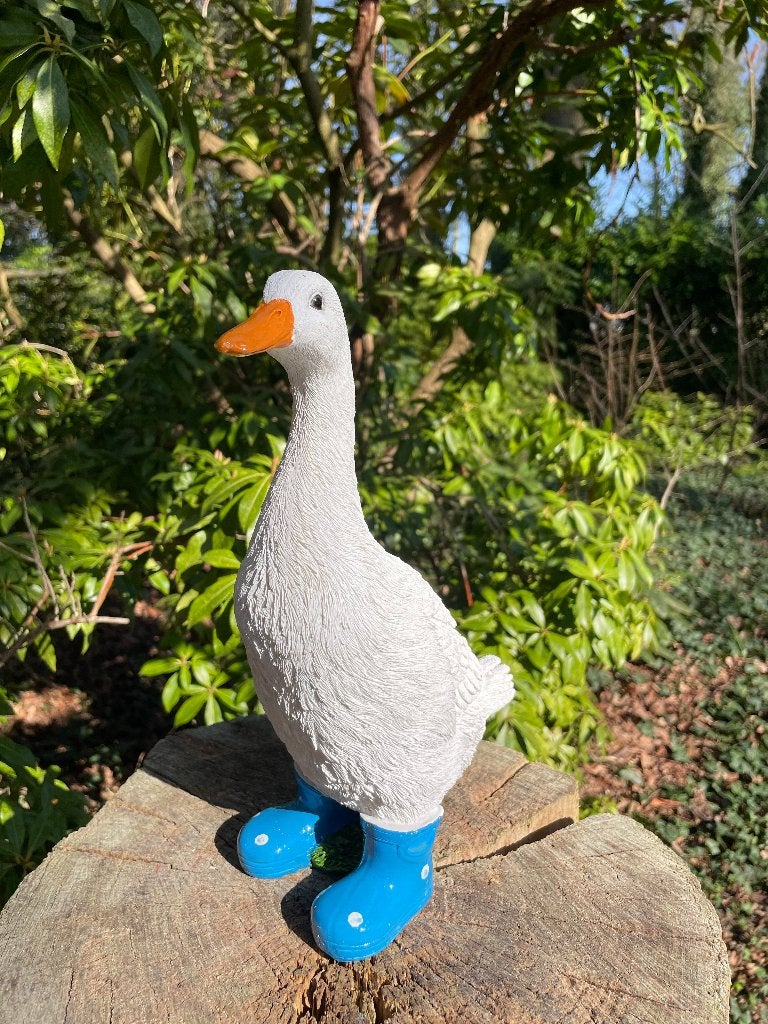 Gans laarsjes, tuin, vijver Blauw 30cm, Tuin en Terras, Tuinbeelden, Ophalen of Verzenden, Nieuw, Kunststof, Dierenbeeld