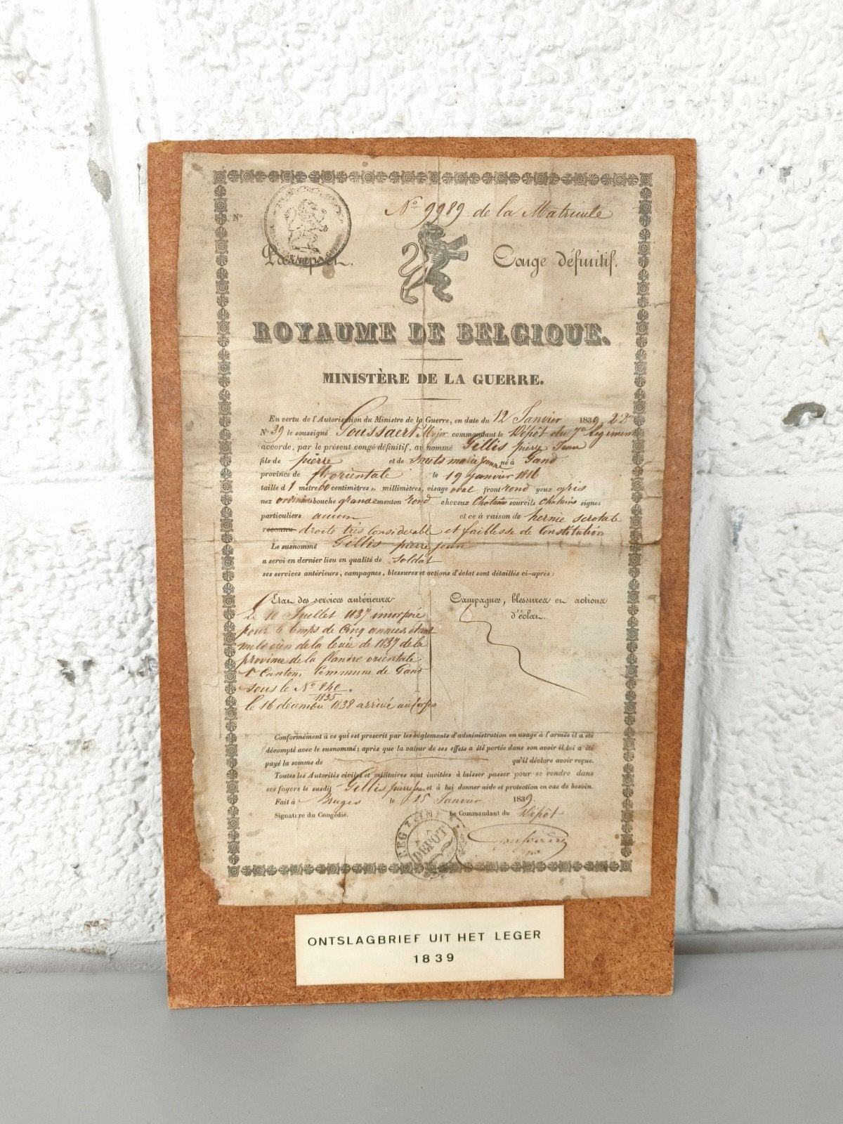 Ontslagbrief Belgisch leger 1839, Ophalen of Verzenden, ., ., .