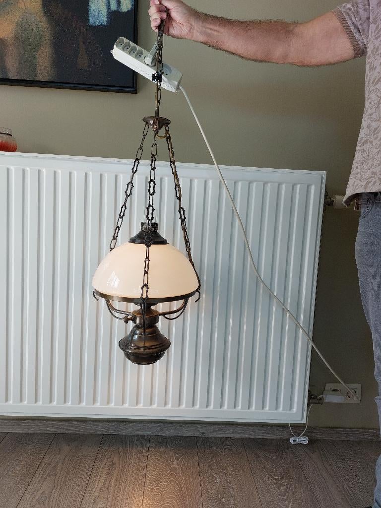 Lampe suspendue électrique ancienne (forme de lampe à huile), Enlèvement, Utilisé, Verre, Antiek