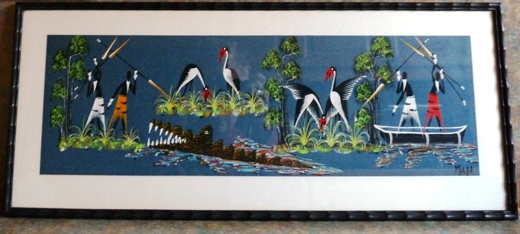 Origineel schilderij met bamboe kader, Antiek en Kunst, Kunst | Schilderijen | Klassiek, Ophalen, Maritiem / water, Klassiek, Origineel werk
