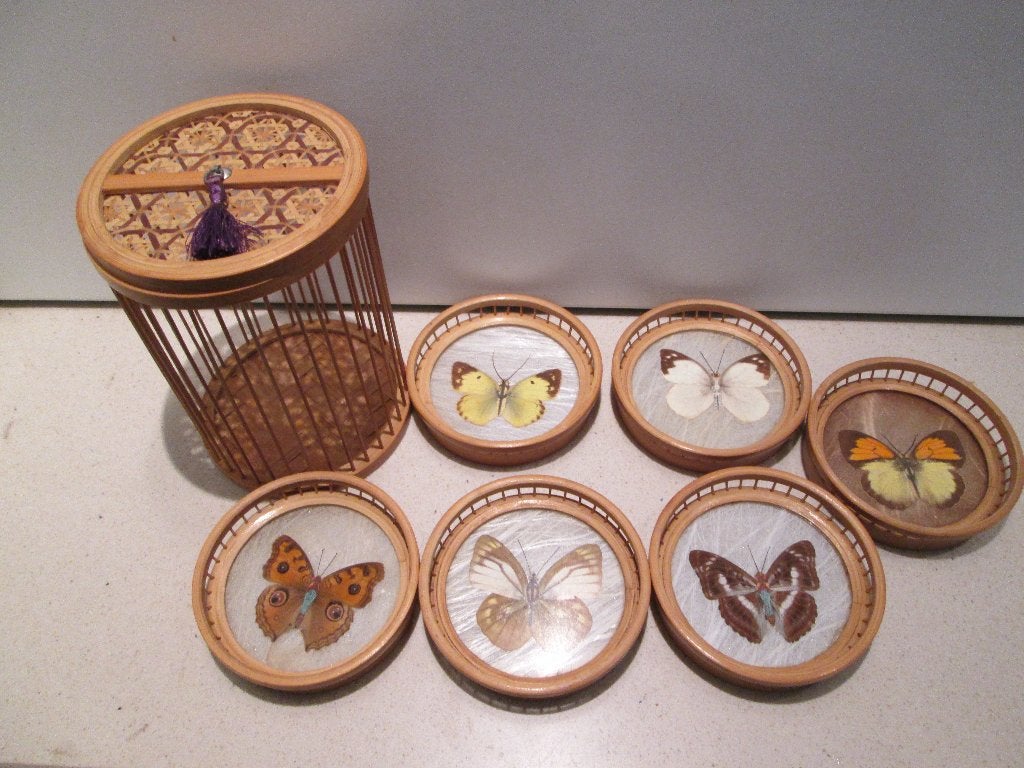 Vintage; mooie houten met vlinders onderzetters, Ophalen of Verzenden