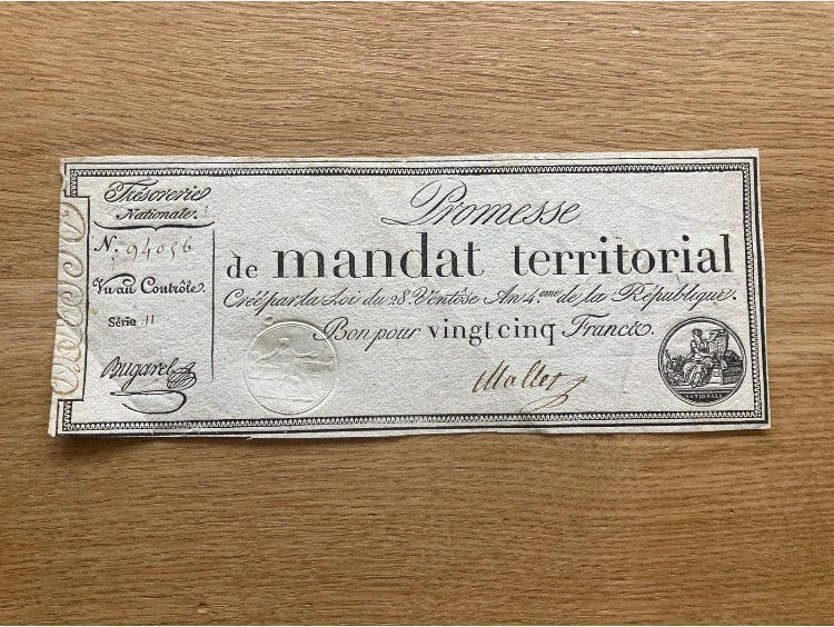 Promesse de mandat territorial française de 25 francs 1796, Timbres & Monnaies, Billets de banque | Europe | Billets non-euro