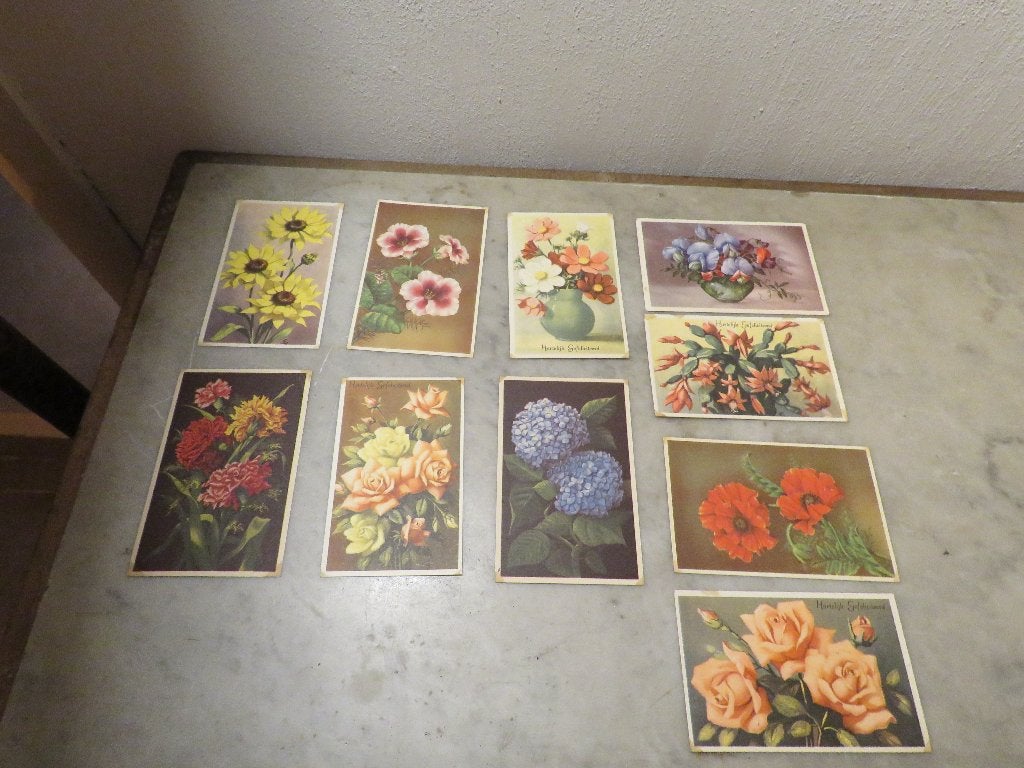 Ensemble vintage de 10 cartes postales fleuries 1920-50, Collections, Enlèvement ou Envoi