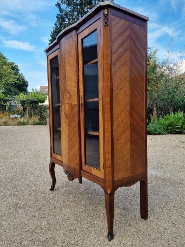 Vintage boekenkast met marmeren blad, Avec porte(s), 25 à 50 cm, Utilisé, 150 à 200 cm