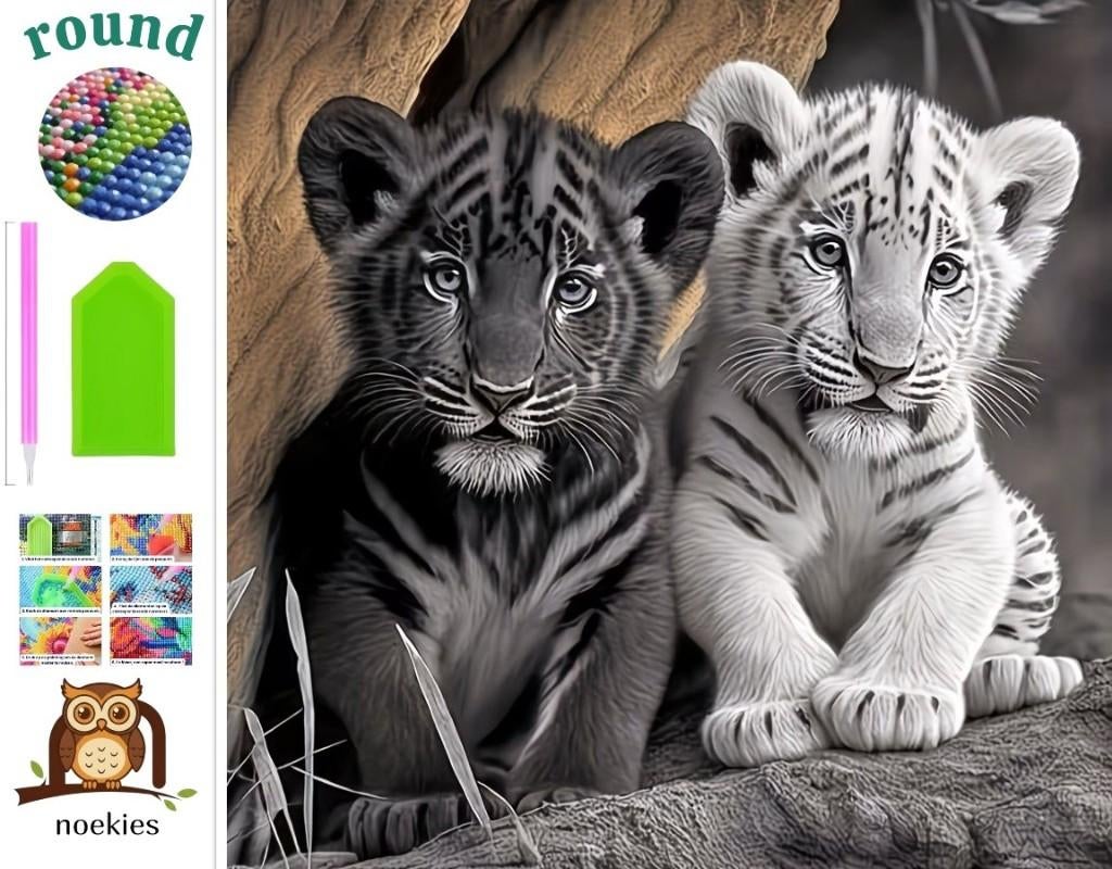 nr 303 Diamond Painting tijger welpjes zwart wit 30x30cm, Verzenden, Nieuw, Overige materialen, Overige merken
