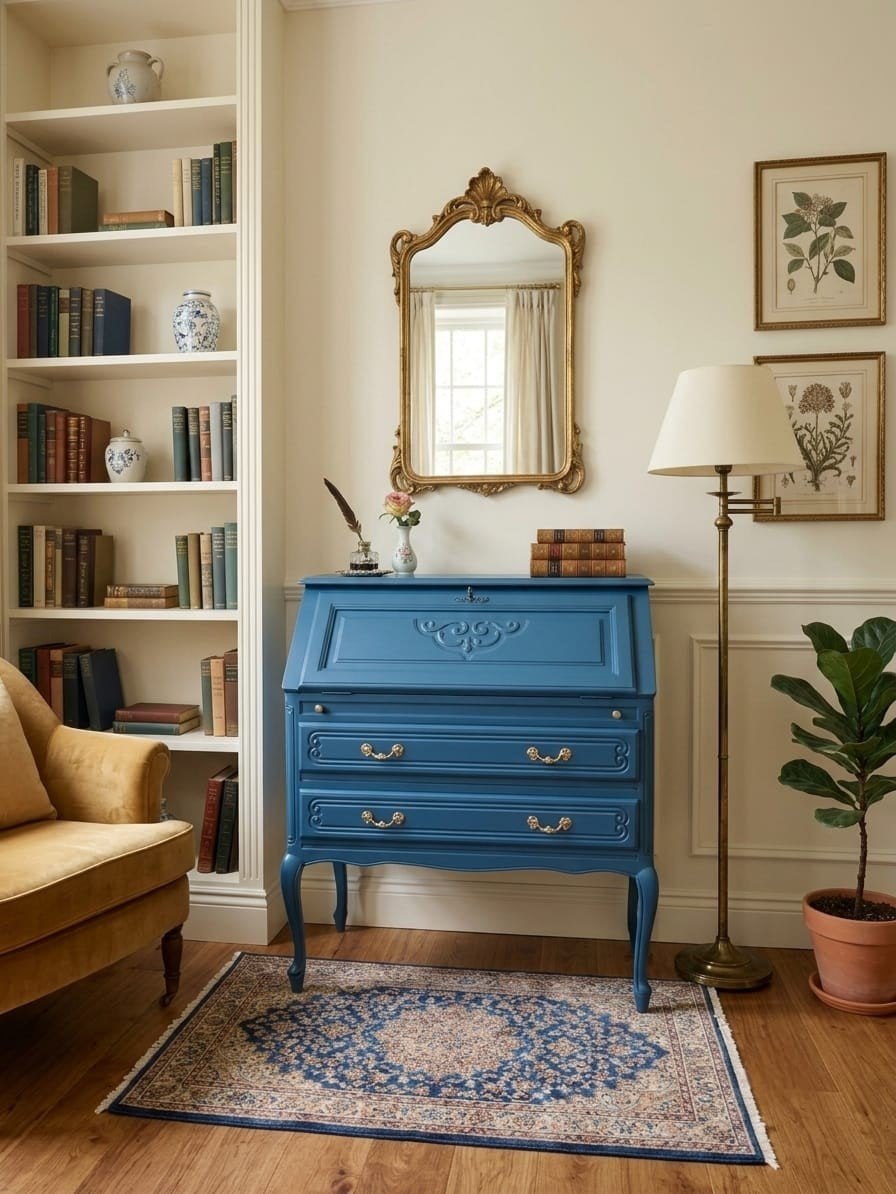 Secrétaire / Bureau Louis XV en chêne massif relooké bleu mo, Maison & Meubles, Armoires | Secrétaires, Enlèvement