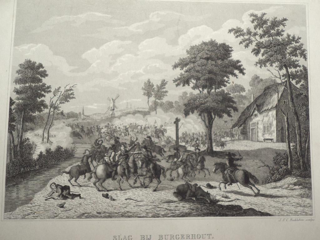 Antieke ets De slag bij Borgerhout (Antwerpen) Reckleben, Ophalen of Verzenden