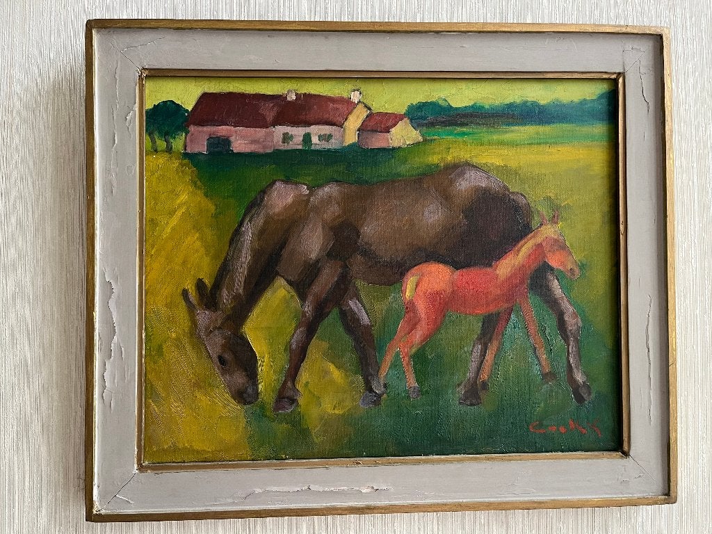 Jan Cockx olieverf paarden en boerderij 1972, Antiek en Kunst, Ophalen, Doek, Expressionistisch, Gedateerd