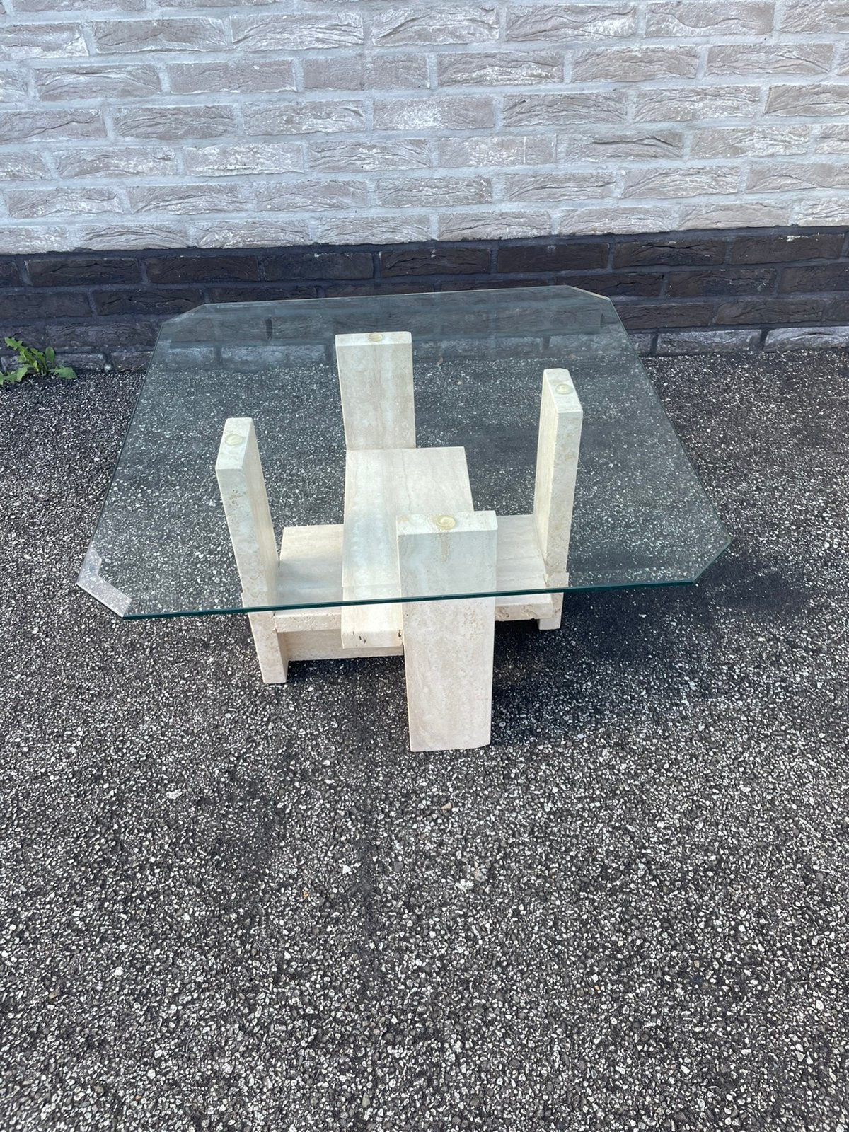 Travertin salontafel met glazen blad, Ophalen, Zo goed als nieuw
