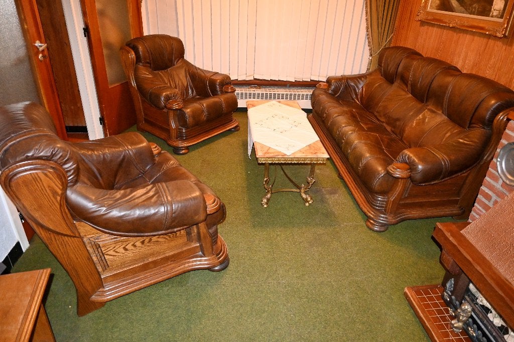 Salon en cuir véritable et chêne massif, Enlèvement, Utilisé, 50 à 100 cm, Chêne