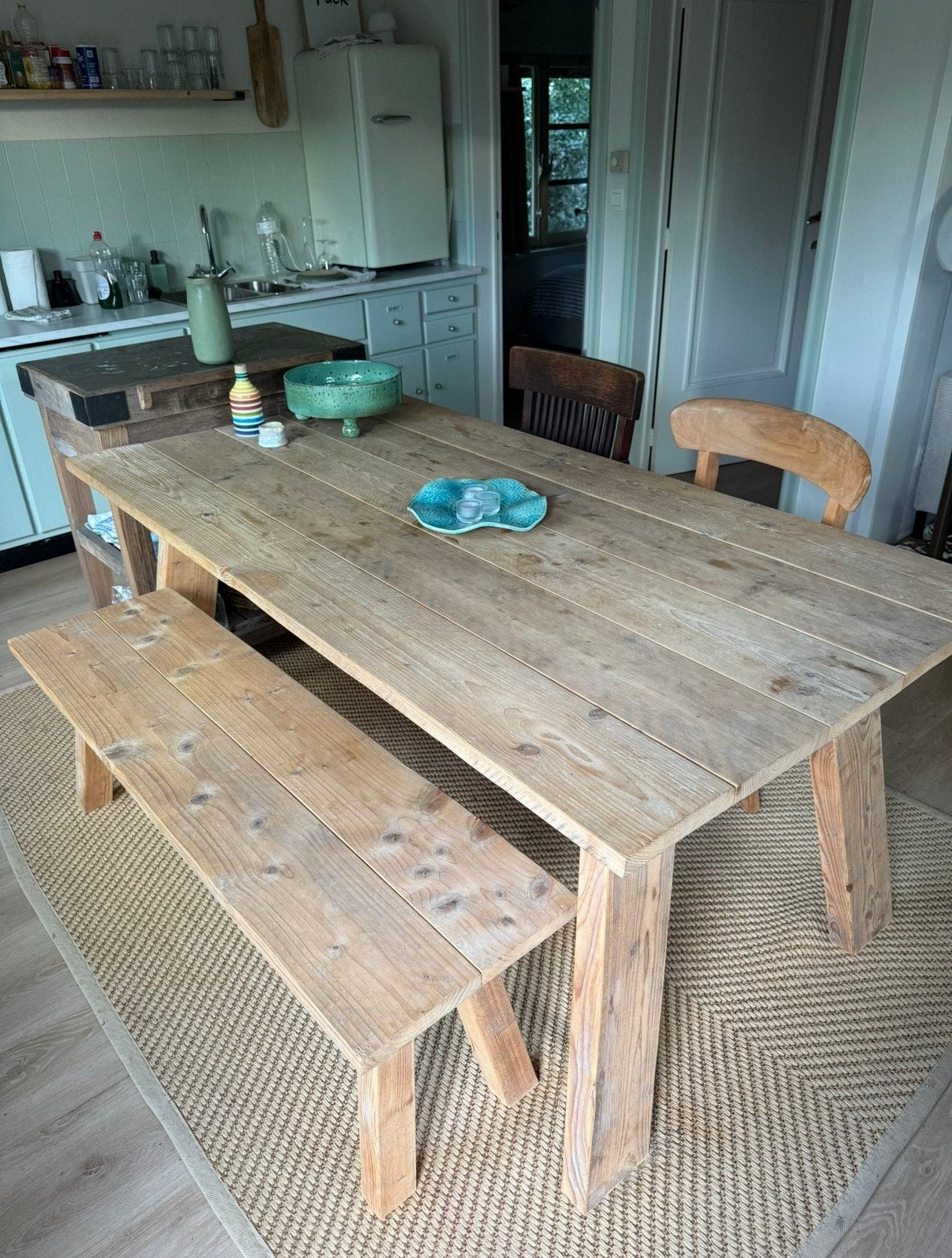 Steugerhout tafel + bankje 120x90, Ophalen, Zo goed als nieuw