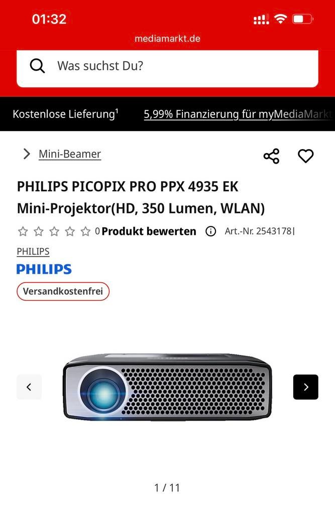 Projector Philips draagbaar ppx4935 android 350 lummens hd, Ophalen, Zo goed als nieuw