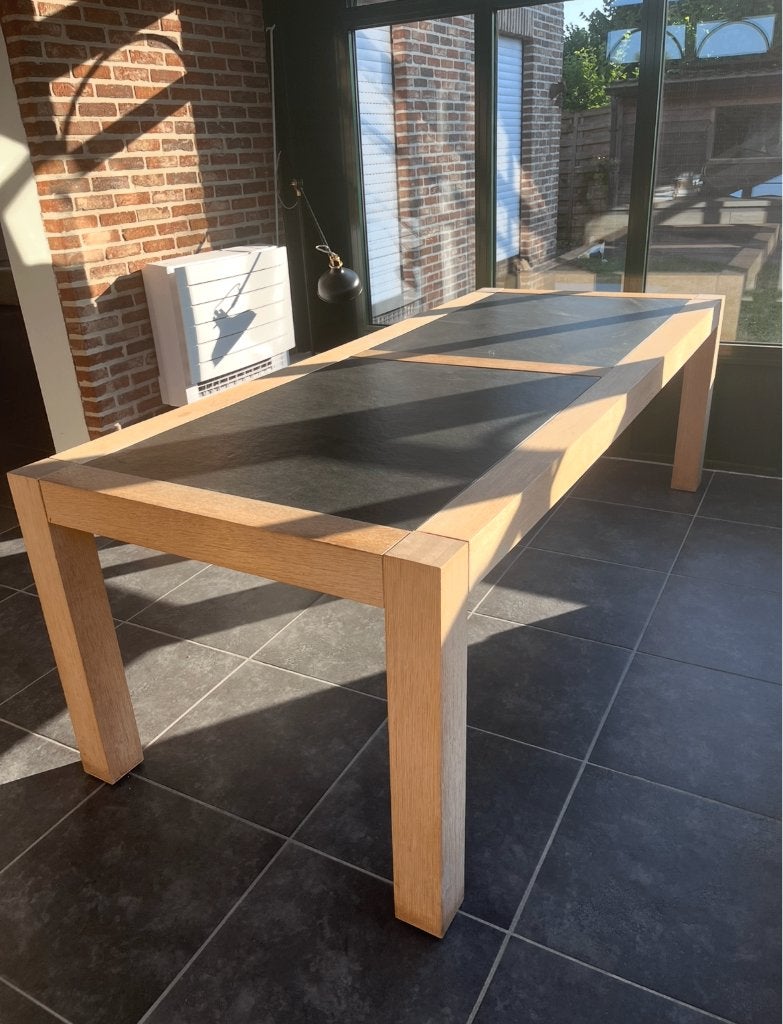 Massief eiken eettafel met leisteen/keramisch blad - 8/10p, Enlèvement, Utilisé, 50 à 100 cm, Chêne