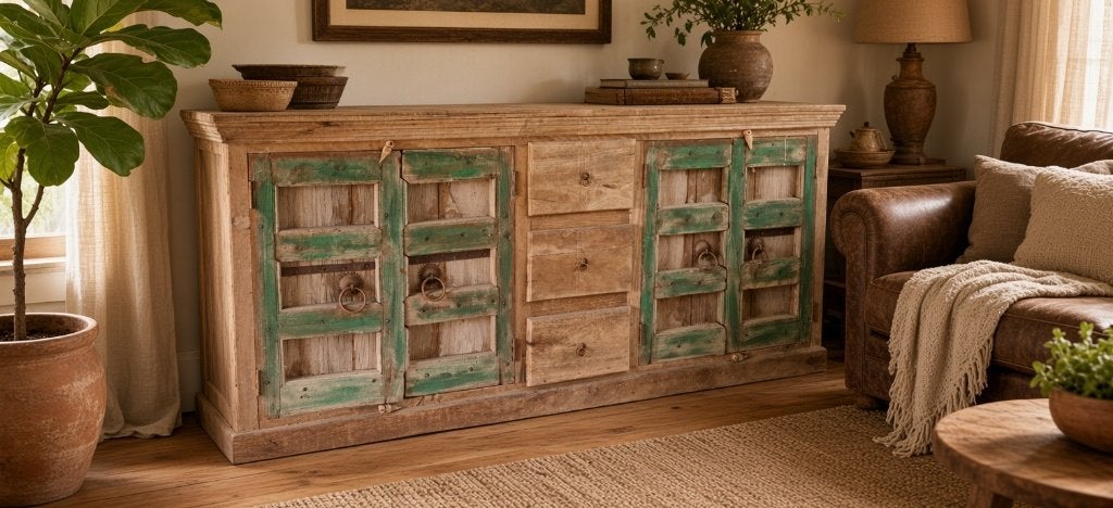 Buffet colonial robuste Ibiza India, Maison & Meubles, Ibiza India robuust, 200 cm ou plus, Enlèvement ou Envoi, Utilisé