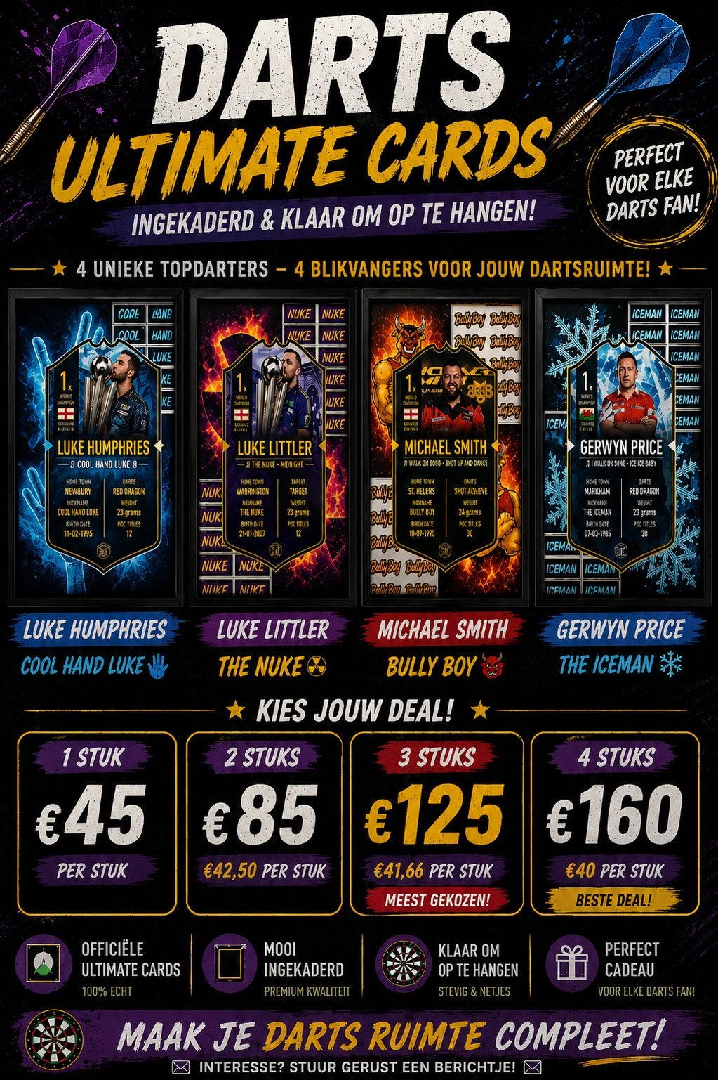 Te koop: prachtige ingekaderde Darts Ultimate Cards!, Sport en Fitness, Darts, Ophalen, Nieuw, Overige typen
