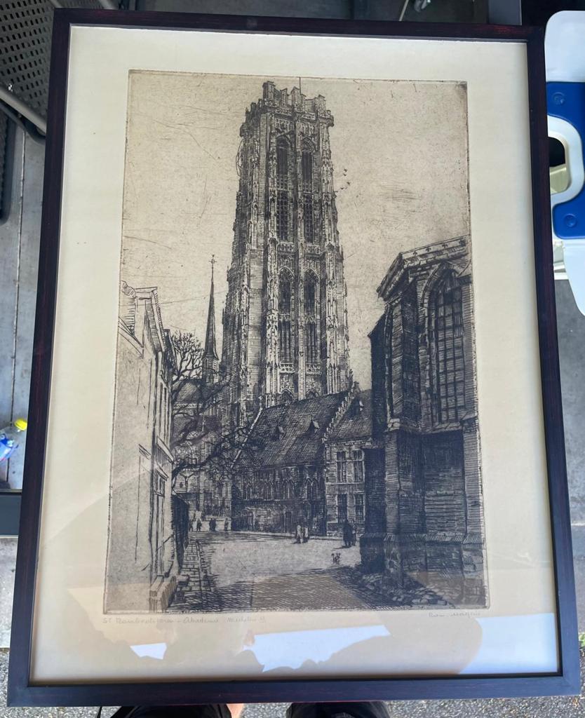 Zeer mooie ets Romain Malfiet Sint Romboutstoren Mechelen, Antiek en Kunst, Kunst | Etsen en Gravures, Ophalen, Ets, Genummerd