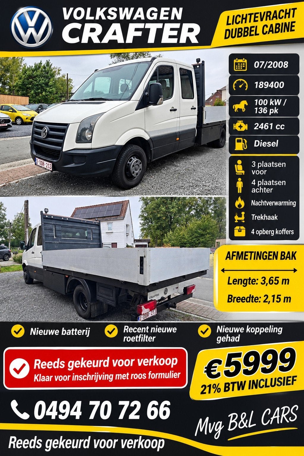 volkswagen crafter Grote Bak btw reeds GVV!!!!, Autos, 100 kW, Achat, Attache-remorque, Entreprise