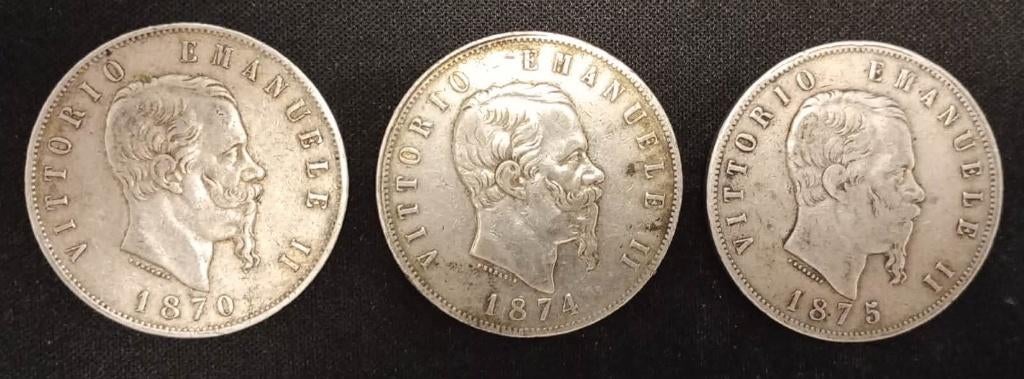 Zeldzame zilveren 5 Lire set (1870-1874-1875), Postzegels en Munten, Ophalen of Verzenden, Italië, Setje, Zilver