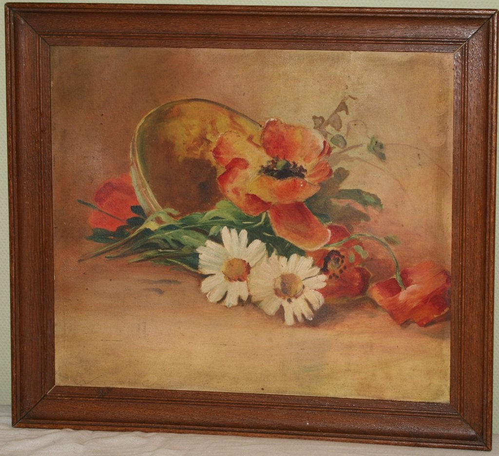Schilderij stilleven - Olie op paneel - ongesigneerd, Antiek en Kunst, Paneel, Stilleven, Ophalen of Verzenden, Gesigneerd