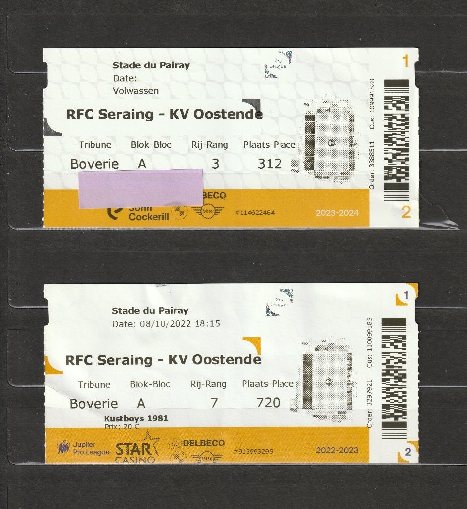 2 tickets Seraing - KV Oostende : 2022-2024, Ophalen of Verzenden, Gebruikt, Overige typen
