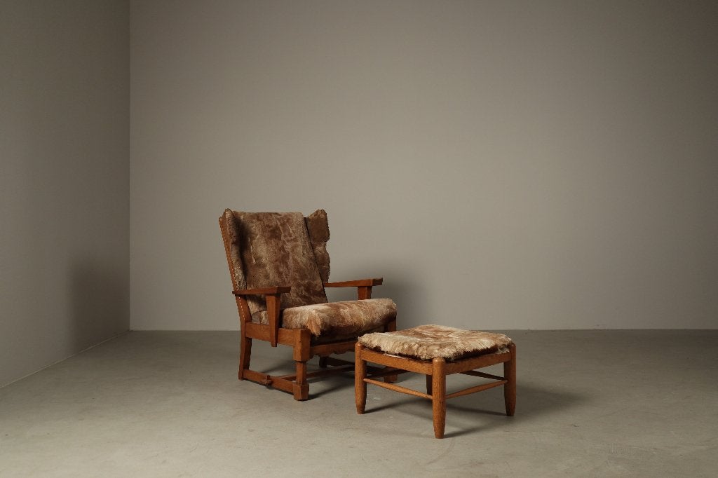 Chaise et pouf en chêne brutaliste en peau de chèvre, 1960, Enlèvement, Utilisé