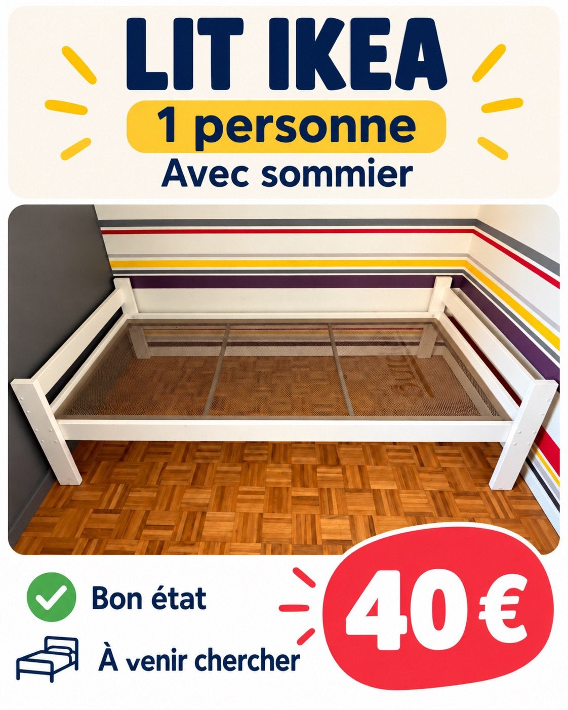 Lit IKEA 1 personne 90 x 200 cm avec sommier – 30€, Maison & Meubles, Enlèvement, Utilisé