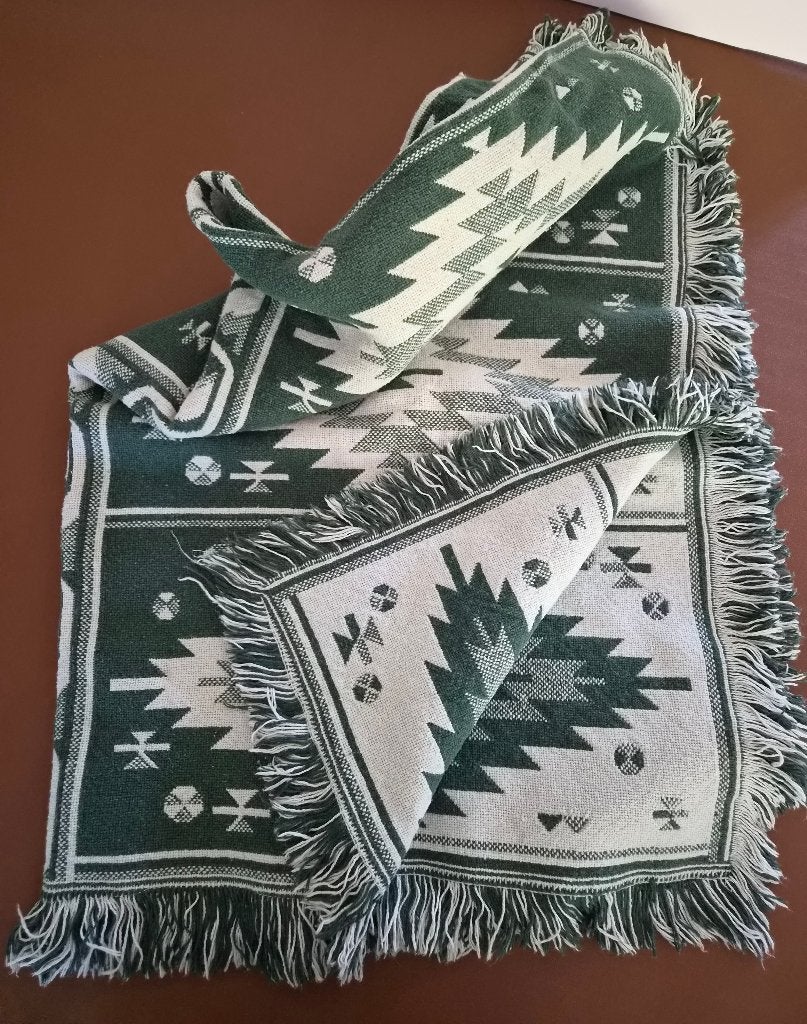 Plaid éthnique aztèque 100% coton – 144 x 95 cm (Quasi neuf), Maison & Meubles, Avec franges/pompons, Comme neuf, Plaid, Coton