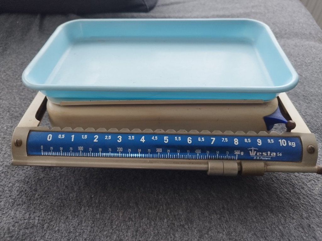 heel mooie creme lichtblauwe retro keukenweegschaal, Elektronische apparatuur, Weegschalen, Ophalen, Gebruikt, Keukenweegschaal
