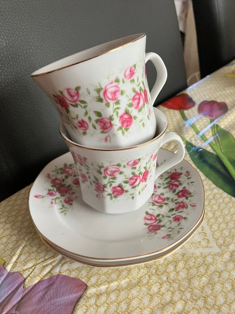 Vintage theekopjes ( 2 ) met schotel - rozenpatroon, Collections, Enlèvement ou Envoi