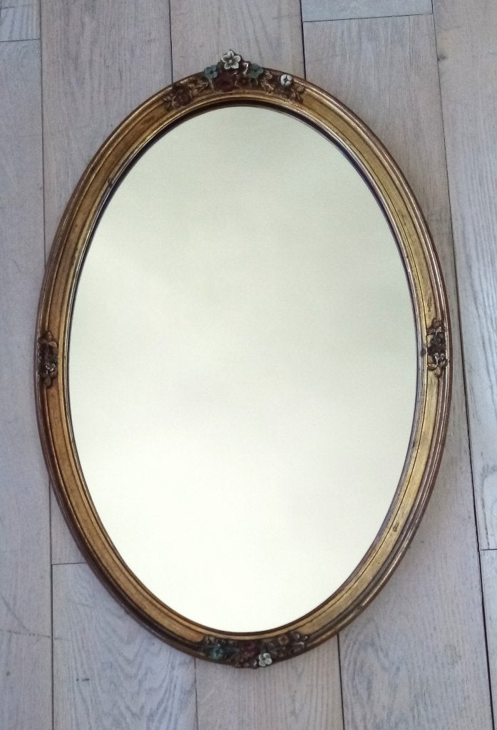 Vintage Grand Miroir Oval cadre bois doré avec fleurs impec, Enlèvement, Ovale, 50 à 100 cm, Moins de 100 cm