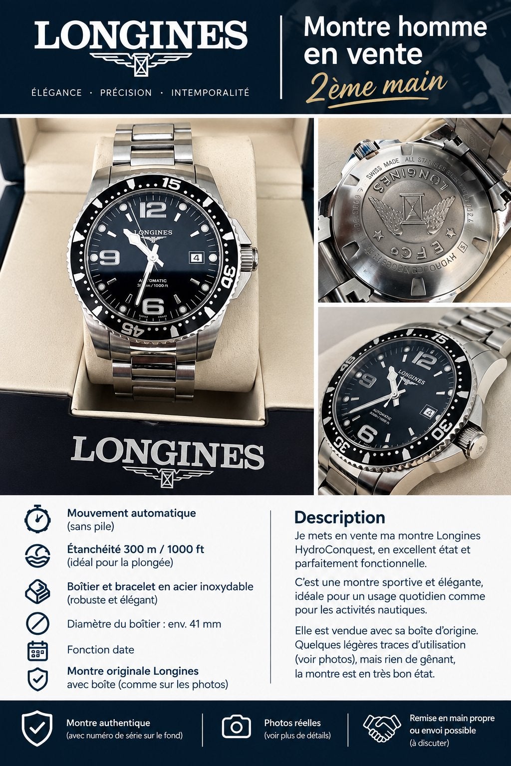 Montre Longines hydroconquest, Enlèvement, Comme neuf, Acier, Acier