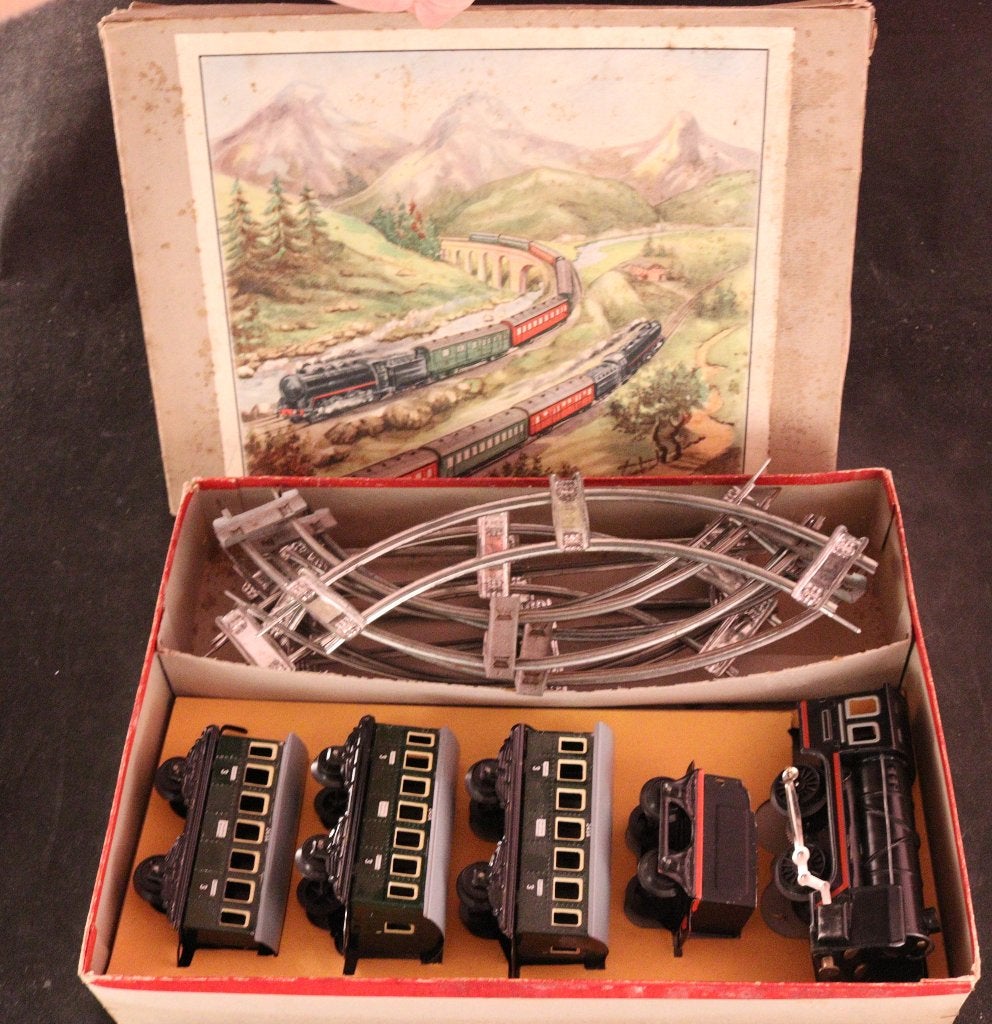 Vintage opwind treinset in doos, Ophalen of Verzenden