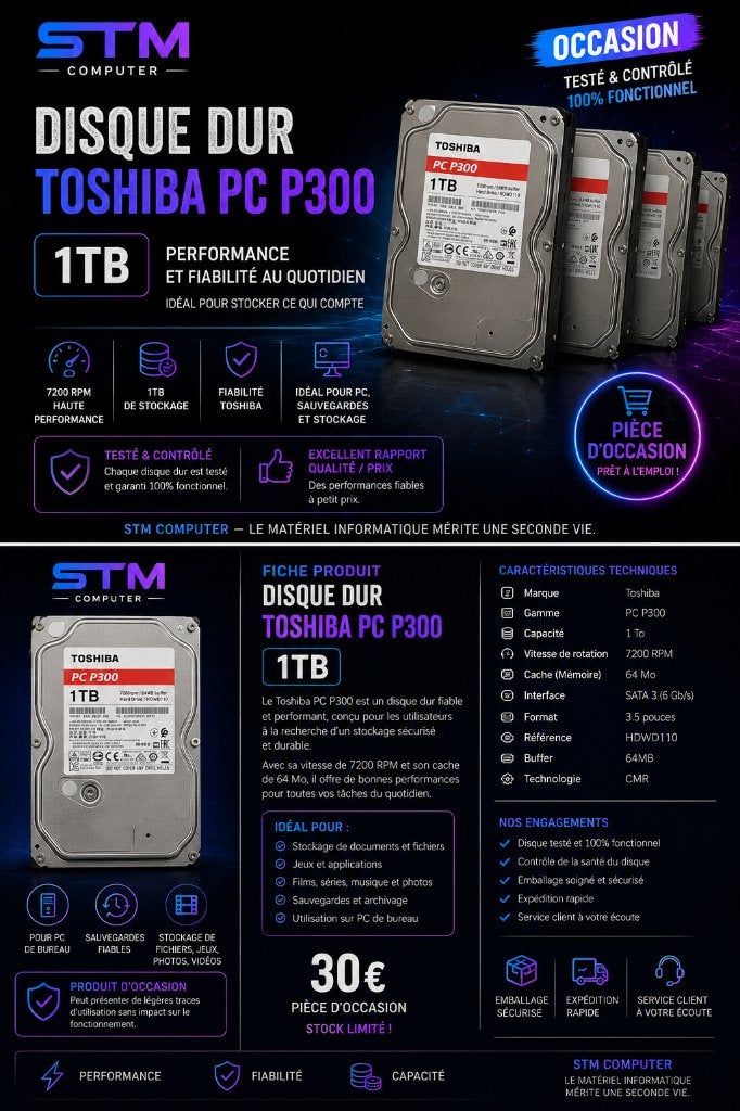Disque dur Toshiba PC P300 1 To – Occasion, Toshiba, Interne, Utilisé, Desktop