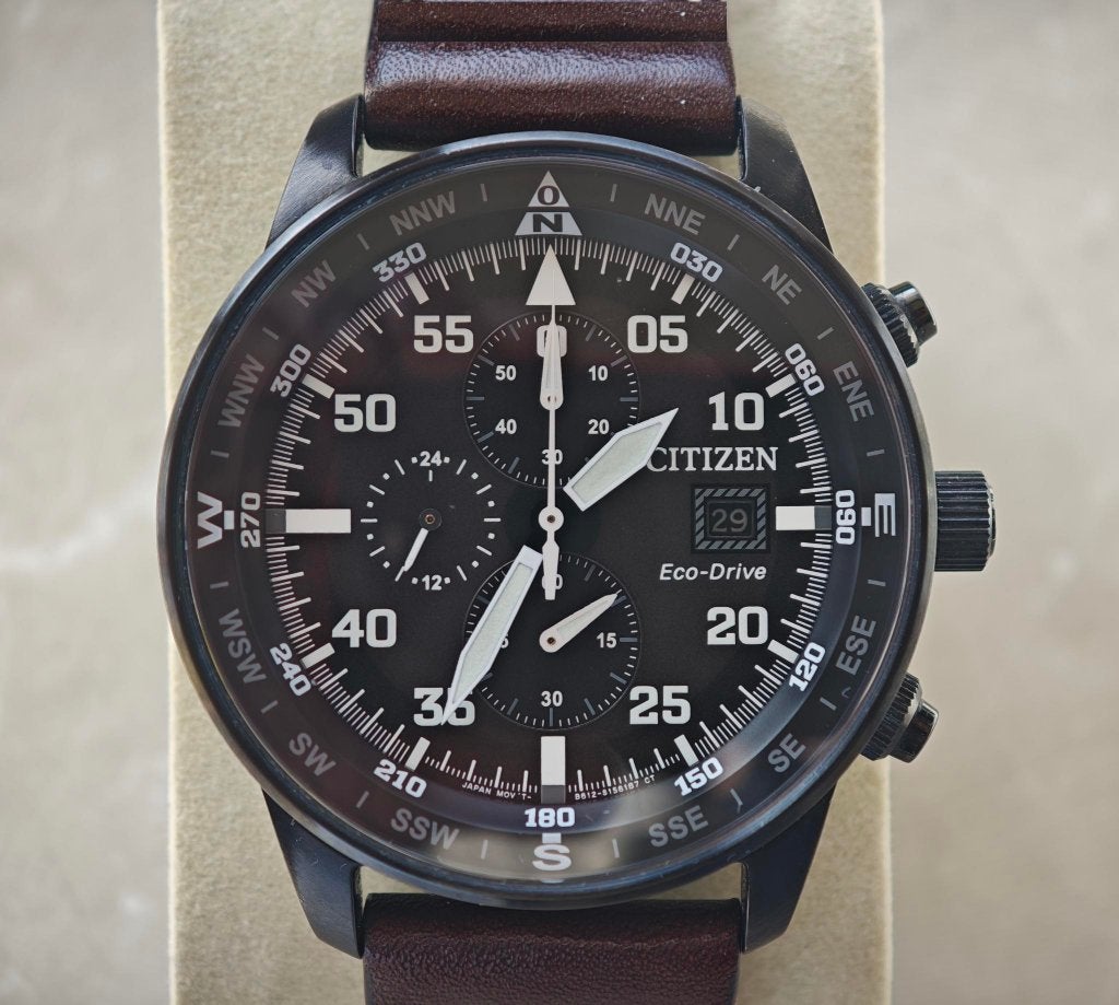 Citizen eco-drive solar military pilot chrono, Leer, Staal, Nieuw, Ophalen of Verzenden