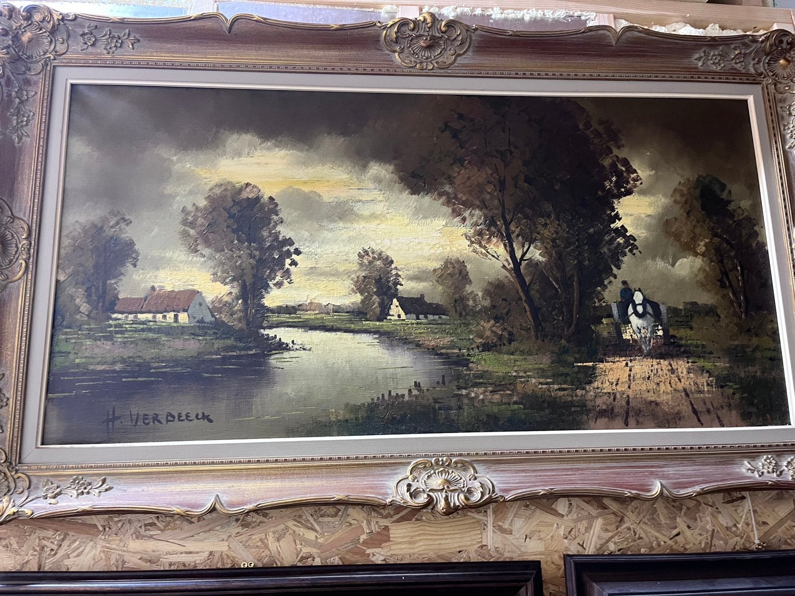 Monumentaal Vlaams Rivierlandschap met Paard en Wagen, Ophalen, Doek, Landschap, Olieverf