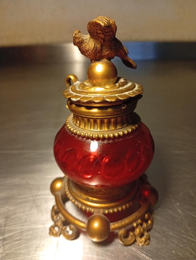 Encrier Impérial Napoléon III Cristal Rouge Rubis Bronze, Enlèvement, Bronze
