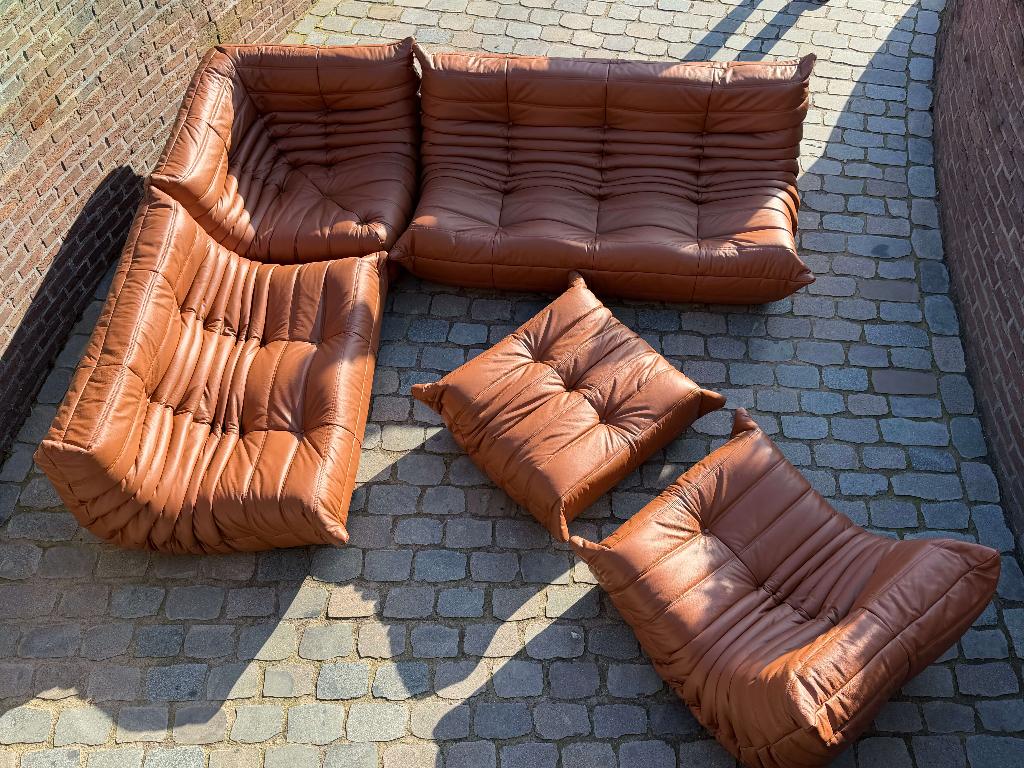 5-delige Togo Ligne Roset sofa - cognac lichtbruin leder, Huis en Inrichting, Ophalen, Zo goed als nieuw, Leer