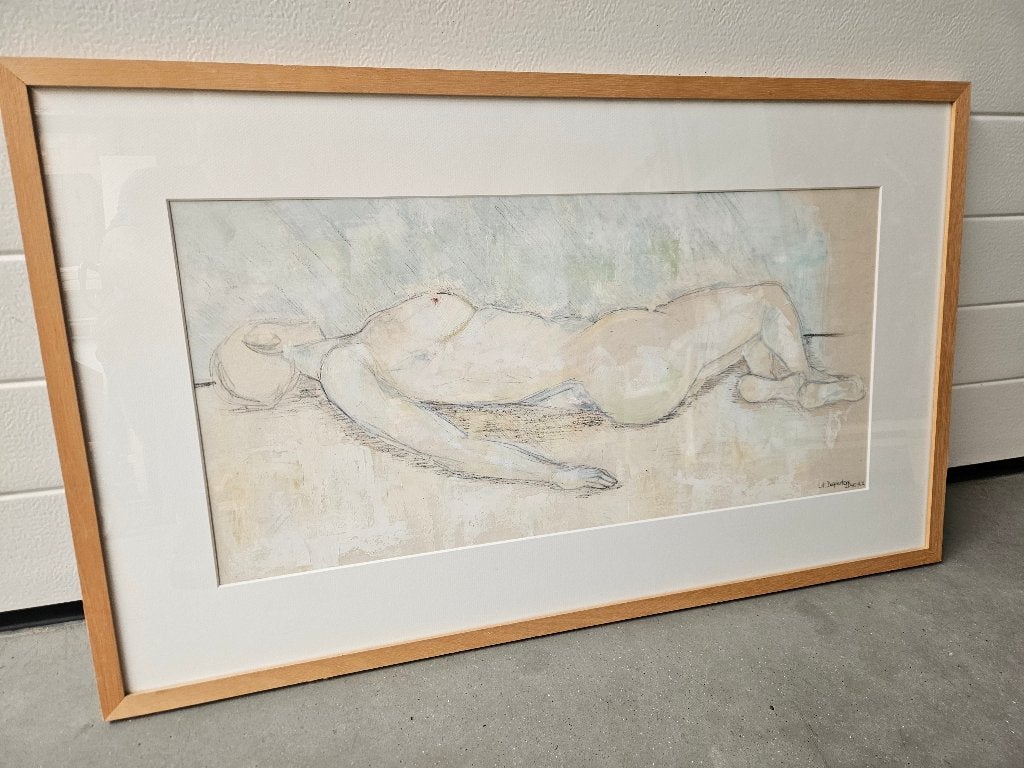 Mooi werk liggend naakt, de inkadering koste meer spotprijs!, Antiek en Kunst, Ophalen of Verzenden, Tekening, Handgemaakt